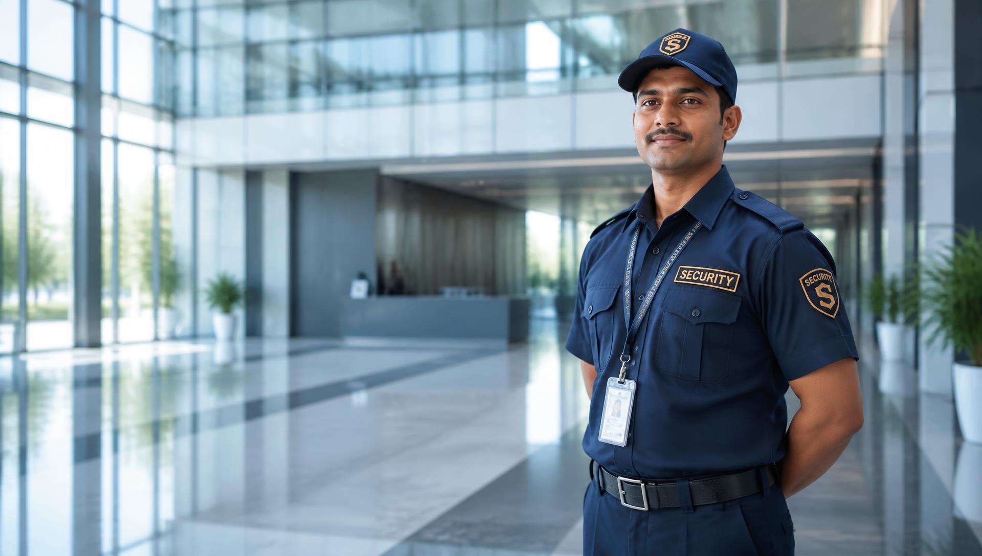 Uniformed LNS security officer on duty in a modern corporate lobby